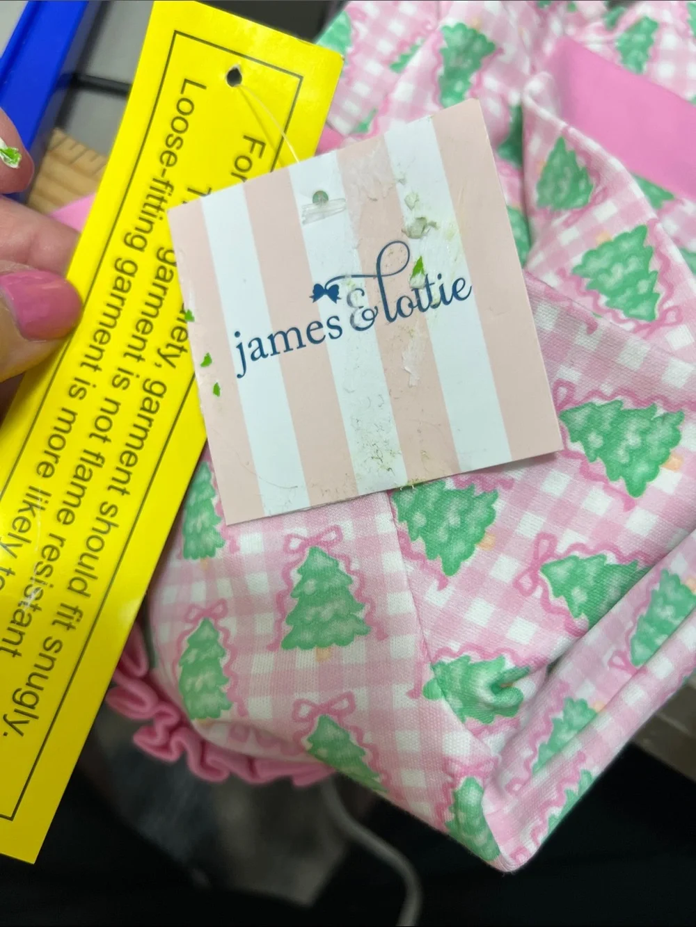 James and Lottie pink gingham Christmas tree one piece zipper footie 9 months